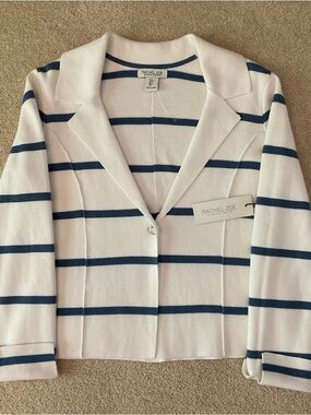 NWT Rachel Zoe White Knit Blazer with Blue Stripes